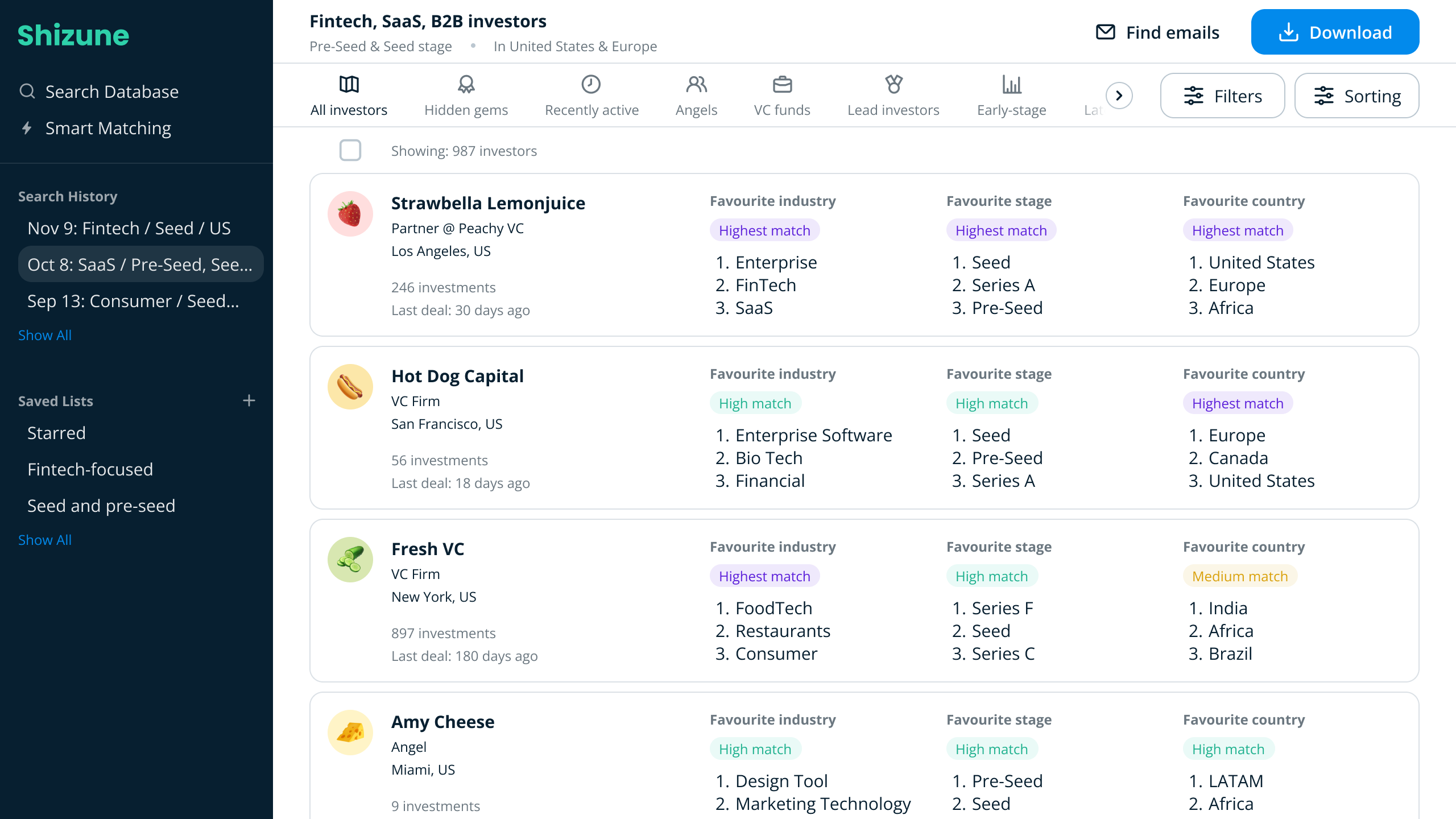 Shizune app — investor matching view